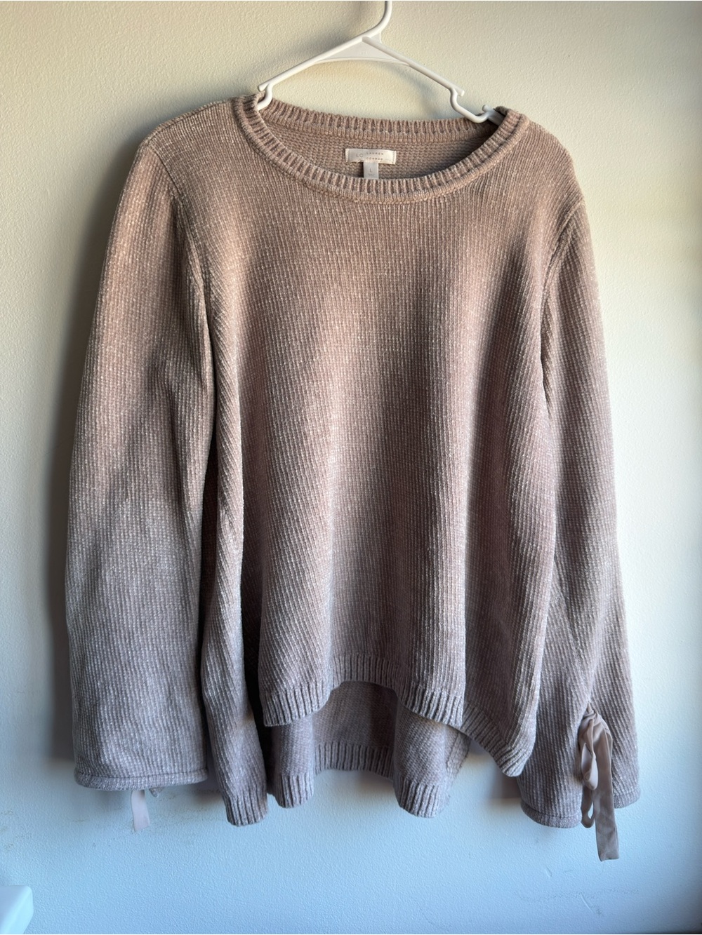 LC Lauren Conrad Blush Pink Ribbed Knit Sweater Bell Sleeve Tie Detail Size L